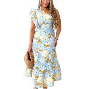 NEW Gingham and Heels Blue Yellow Floral One Shoulder Ruffle Tiered Dress